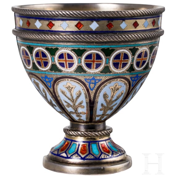 A Russian silver and champlev&eacute;-enamel vodka cup, Moscow, probably Sasikov, circa 1880