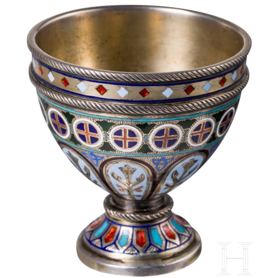 A Russian silver and champlev&eacute;-enamel vodka cup, Moscow, probably Sasikov, circa 1880