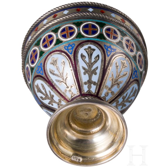 A Russian silver and champlev&eacute;-enamel vodka cup, Moscow, probably Sasikov, circa 1880