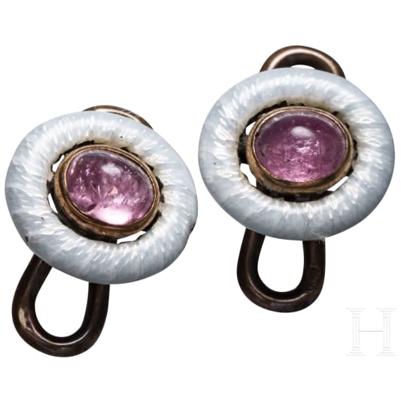 A pair of Russian 14ct gold and translucid-enamel cufflinks, St. Petersburg, 1908-17