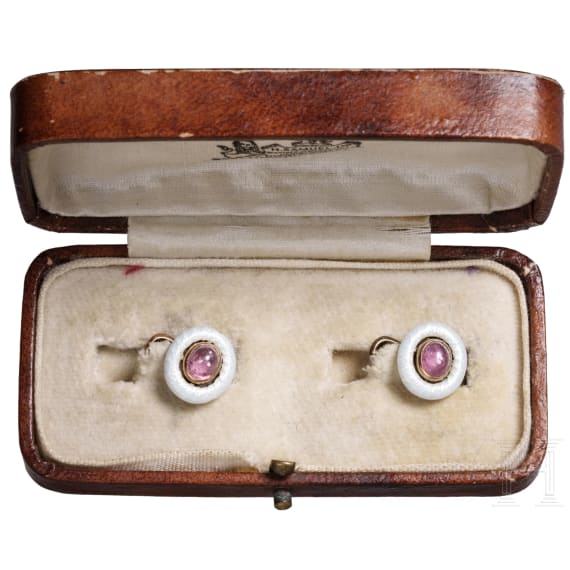 A pair of Russian 14ct gold and translucid-enamel cufflinks, St. Petersburg, 1908-17