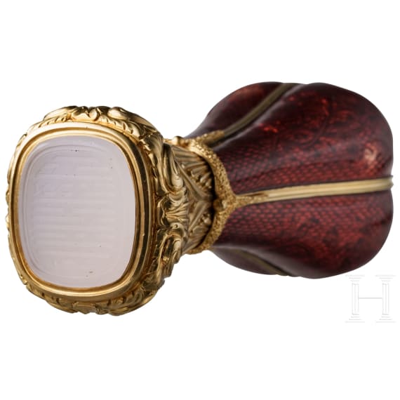 An exquisite gift seal with enamel d&eacute;cor and 18ct gold-mounting, probably Russian, 1880s