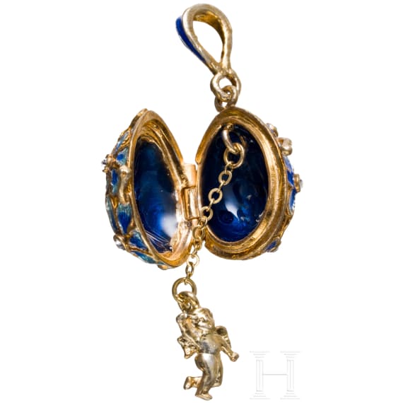Eight Russian silver-gilt and enamelled egg-pendants, 20th century