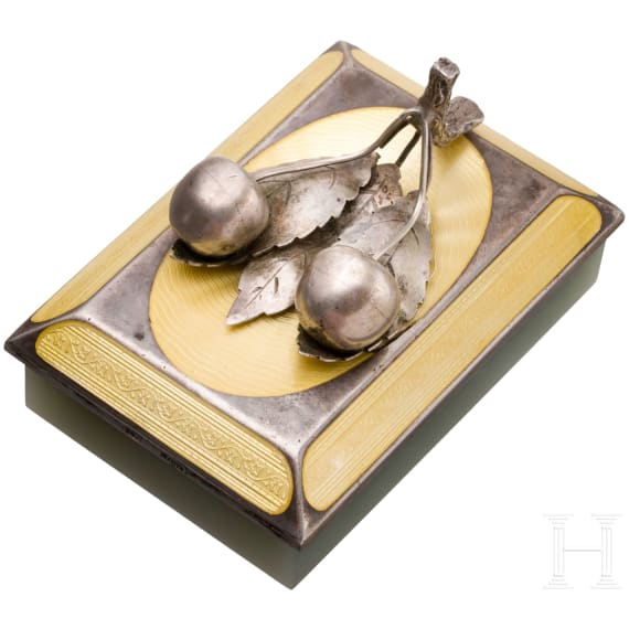 A Russian silver and guilloch&eacute;-enamel mounted nephrite paperweight with cherries, 20th century