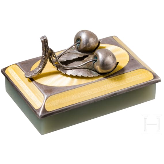 A Russian silver and guilloch&eacute;-enamel mounted nephrite paperweight with cherries, 20th century