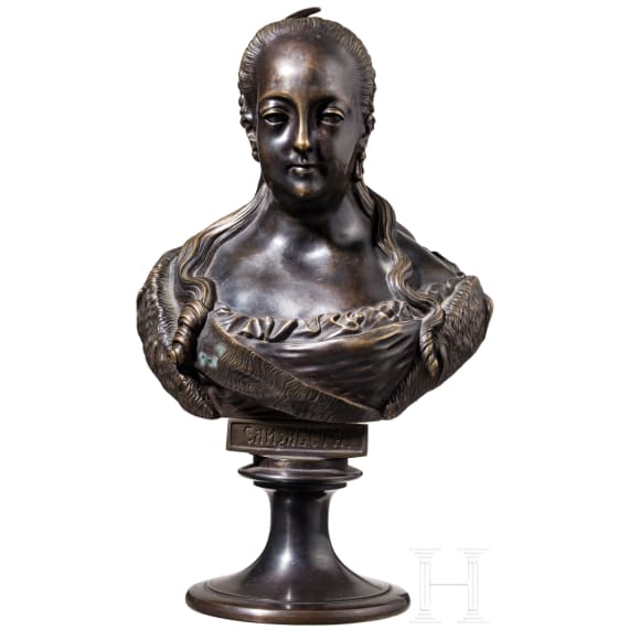A bronze bust showing Elisabeth I, Empress of Russia 1741 - 1762 stamped St. Petersburg, Felix Chopin, 1868 - production later