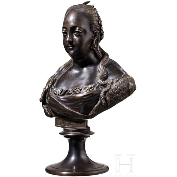 A bronze bust showing Elisabeth I, Empress of Russia 1741 - 1762 stamped St. Petersburg, Felix Chopin, 1868 - production later