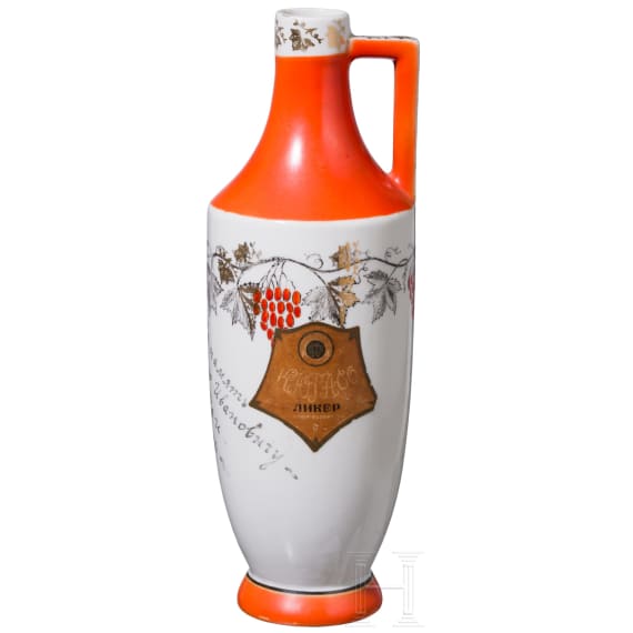A Soviet porcelain liqueur flask, dated 1938 (painting probably later)