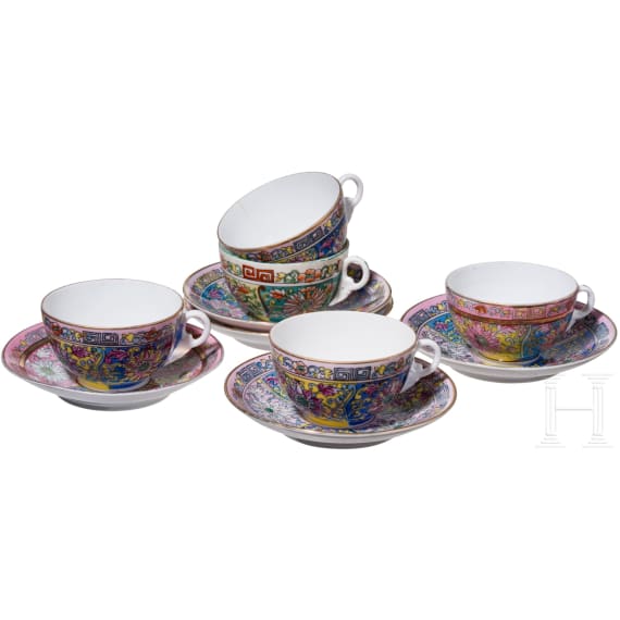 Five Soviet porcelain cups with saucers, Gardner factory (one) and Pervomayskiy porcelain factory (four), 20th century