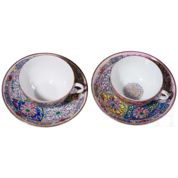 Five Soviet porcelain cups with saucers, Gardner factory (one) and Pervomayskiy porcelain factory (four), 20th century