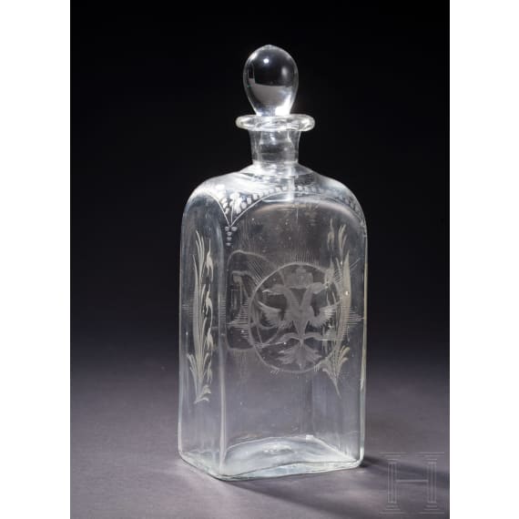 A Russian glass decanter with stopper showing monogram of Catherine II (the Great) of Russia and doublehead-eagle, late 18th century (stopper later)