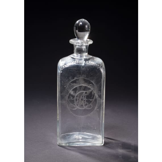 A Russian glass decanter with stopper showing monogram of Catherine II (the Great) of Russia and doublehead-eagle, late 18th century (stopper later)