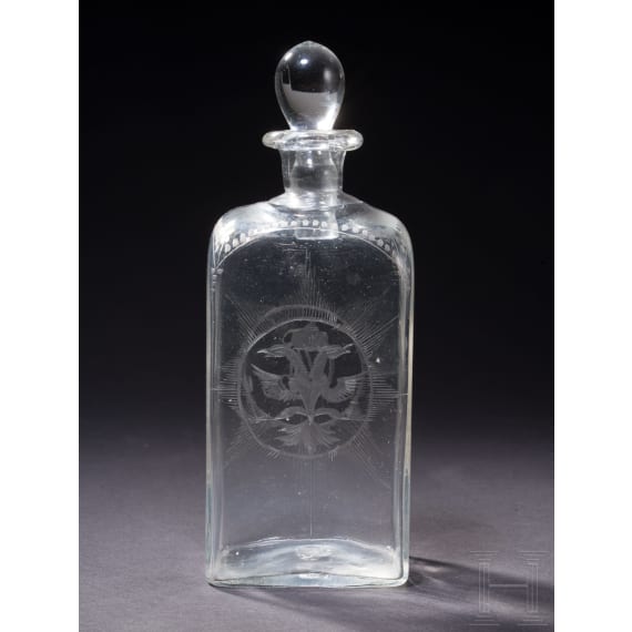 A Russian glass decanter with stopper showing monogram of Catherine II (the Great) of Russia and doublehead-eagle, late 18th century (stopper later)
