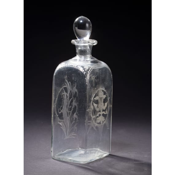 A Russian glass decanter with stopper showing monogram of Catherine II (the Great) of Russia and doublehead-eagle, late 18th century (stopper later)