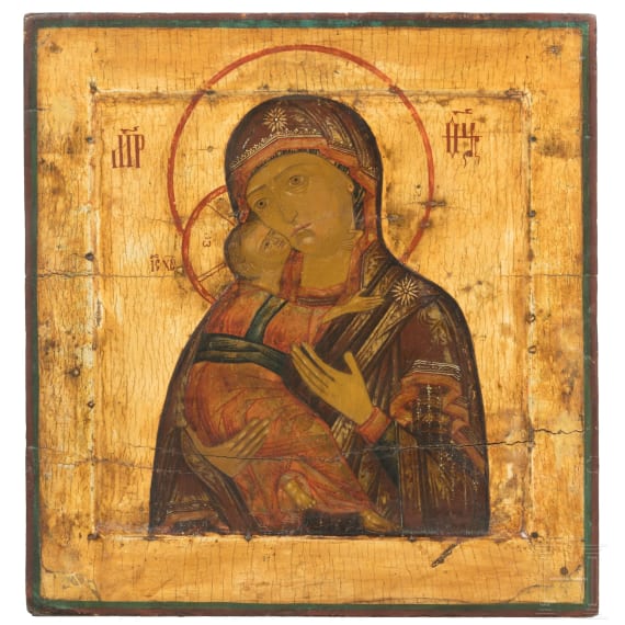 A Russian icon showing the Wladimirskaya Mother of God, circa 1800