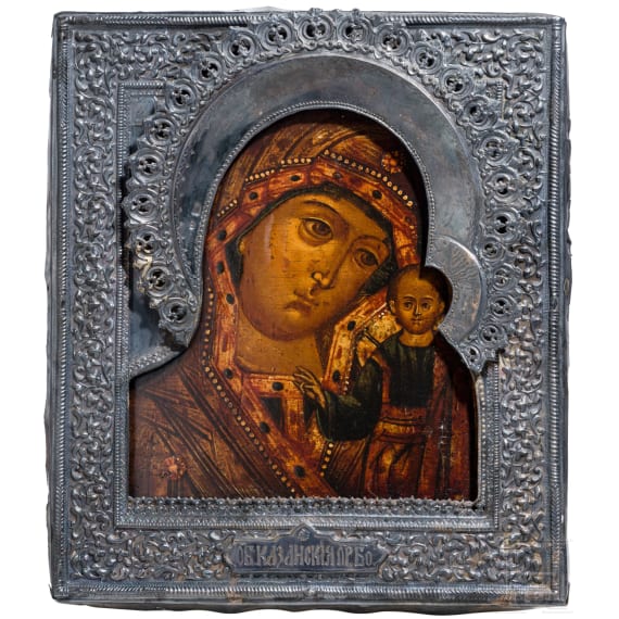 A Russian icon showing the Kazanskaya Mother of God with silver basma, 19th century (icon), Moscow, Ivan Zakharov, 1885 (basma)