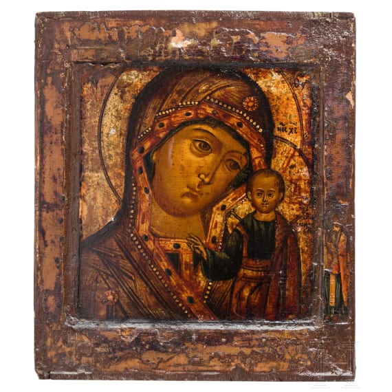 A Russian icon showing the Kazanskaya Mother of God with silver basma, 19th century (icon), Moscow, Ivan Zakharov, 1885 (basma)