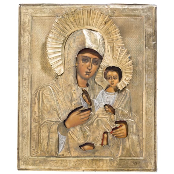 An icon showing the Tikhvinskaya Mother of God with silver-gilt oklad, Russia, circa 1900 (icon), Moscow, 1908-1917 (oklad)