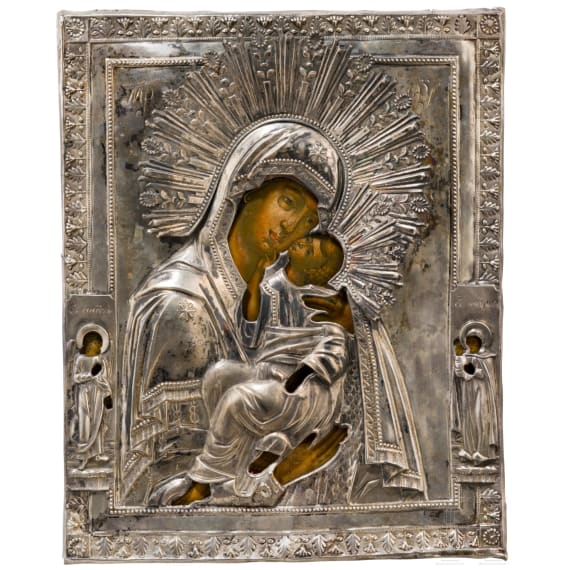 A Russian icon showing the Mother of God (probably of Yaroslavl) with silver oklad, 19th century