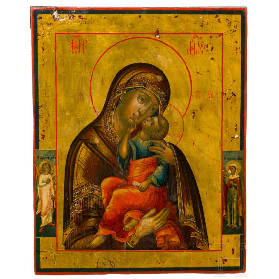A Russian icon showing the Mother of God (probably of Yaroslavl) with silver oklad, 19th century
