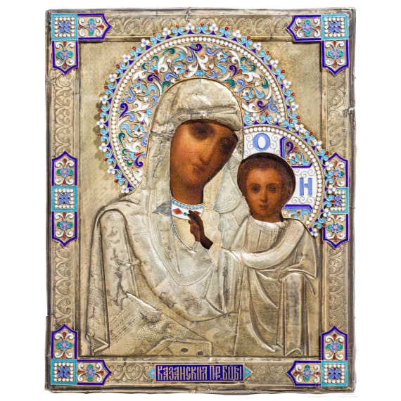 A Russian icon showing the Kazanskaya Mother of God with silver-gilt okald with cloisonne-enamel appliques, late 19th century (icon), Moscow, Igor Cheryartov , 1908-1917 (oklad), enamel later