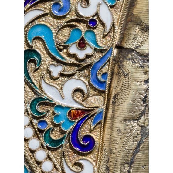 A Russian icon showing the Kazanskaya Mother of God with silver-gilt okald with cloisonne-enamel appliques, late 19th century (icon), Moscow, Igor Cheryartov , 1908-1917 (oklad), enamel later