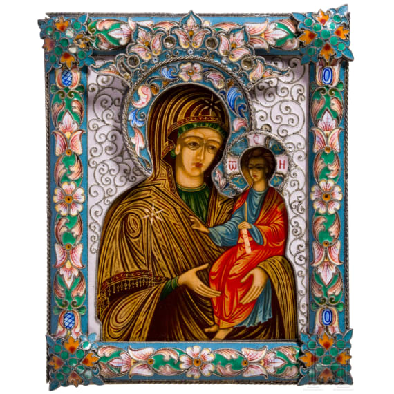 A small Russian icon showing the Mother of God with silver and cloisonne-enamel riza, enamel 20th century, Icon modern