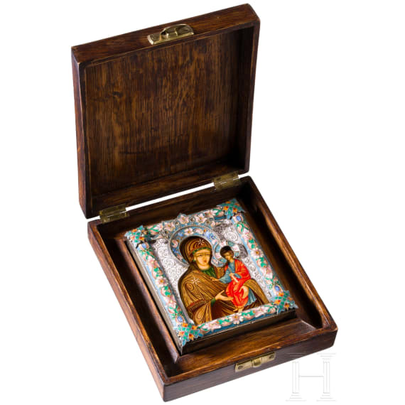 A small Russian icon showing the Mother of God with silver and cloisonne-enamel riza, enamel 20th century, Icon modern