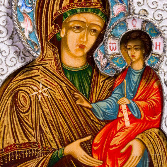 A small Russian icon showing the Mother of God with silver and cloisonne-enamel riza, enamel 20th century, Icon modern