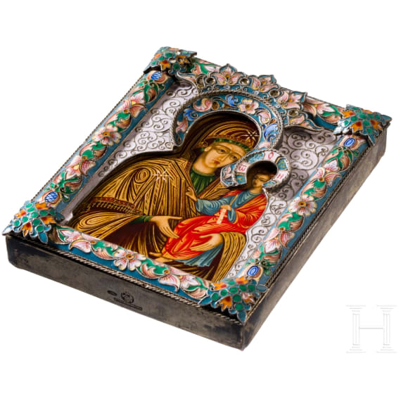 A small Russian icon showing the Mother of God with silver and cloisonne-enamel riza, enamel 20th century, Icon modern