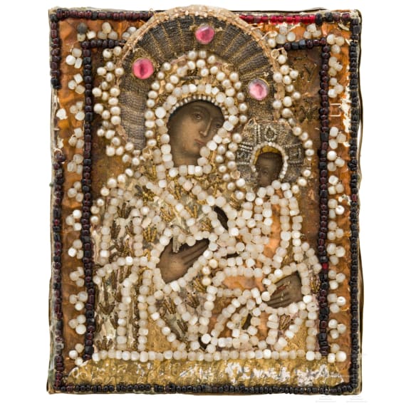 A small Russian icon showing the Tikhvinskaya Mother of God with pearl oklad, 19th century