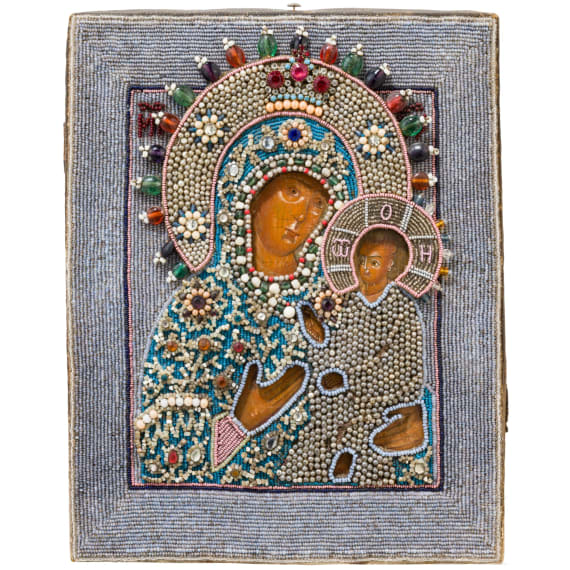A Russian icon showing the Tikhvinskaya Mother of God with pearl oklad, circa 1800