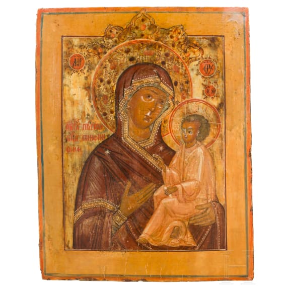 A Russian icon showing the Tikhvinskaya Mother of God with pearl oklad, circa 1800