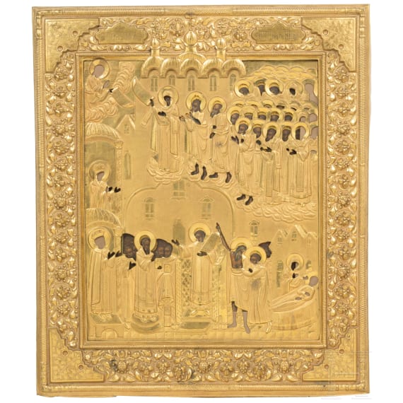 A Russian icon showing the Pokrov Mother of God with gilt oklad, 19th century