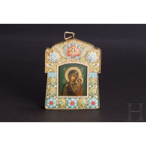 A Russian silver-gilt and cloisonn&eacute;-enamel icon showing the Kazanskaya Mother of God, Moscow, Ivan Khlebnikov, 1908 - 1917