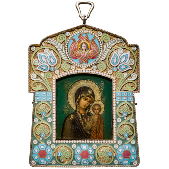A Russian silver-gilt and cloisonn&eacute;-enamel icon showing the Kazanskaya Mother of God, Moscow, Ivan Khlebnikov, 1908 - 1917