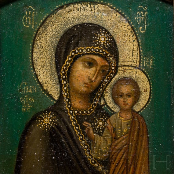 A Russian silver-gilt and cloisonn&eacute;-enamel icon showing the Kazanskaya Mother of God, Moscow, Ivan Khlebnikov, 1908 - 1917