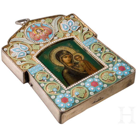 A Russian silver-gilt and cloisonn&eacute;-enamel icon showing the Kazanskaya Mother of God, Moscow, Ivan Khlebnikov, 1908 - 1917