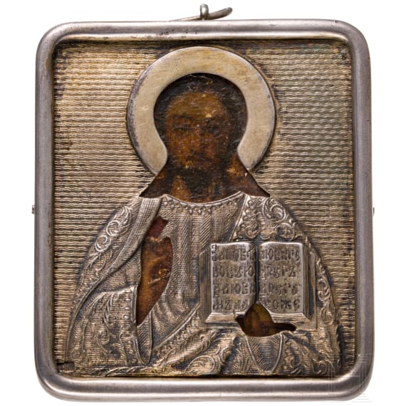 A small Russian icon showing Christ Pantokrator with silver oklad, late 19th century (icon), St. Petersburg, Gratchev, 1908-17 (oklad)
