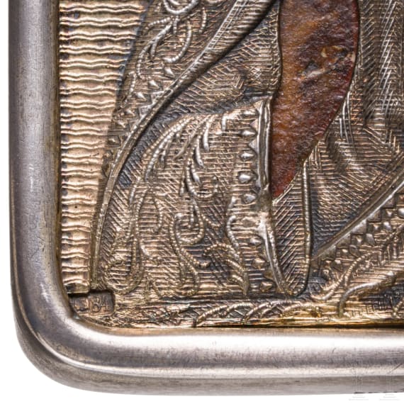 A small Russian icon showing Christ Pantokrator with silver oklad, late 19th century (icon), St. Petersburg, Gratchev, 1908-17 (oklad)