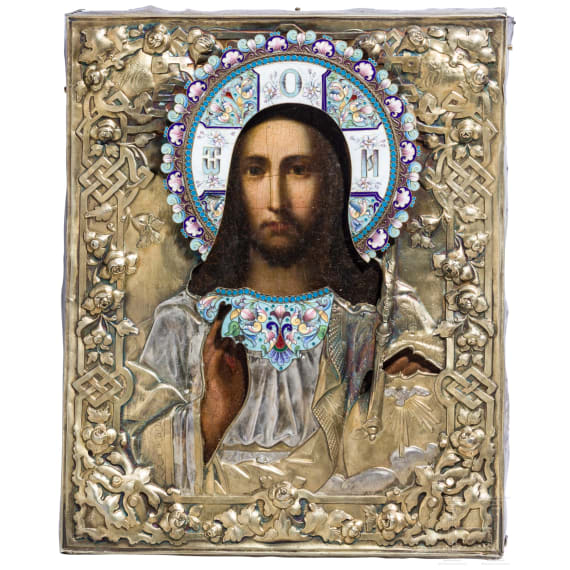 A Russian icon showing Christ Pantokrator with silver-gilt oklad and cloisonn&eacute; enamel halo, 19th century (icon), St. Petersburg, 1857 (oklad)
