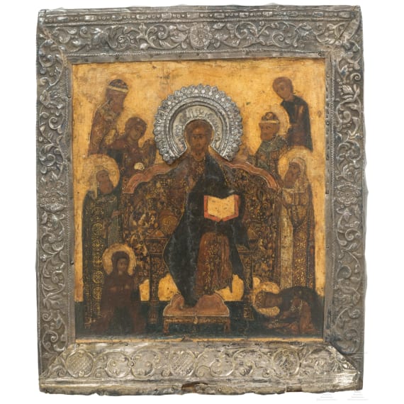 A Russian icon showing the extended Deisis with silver basma, late 17th century