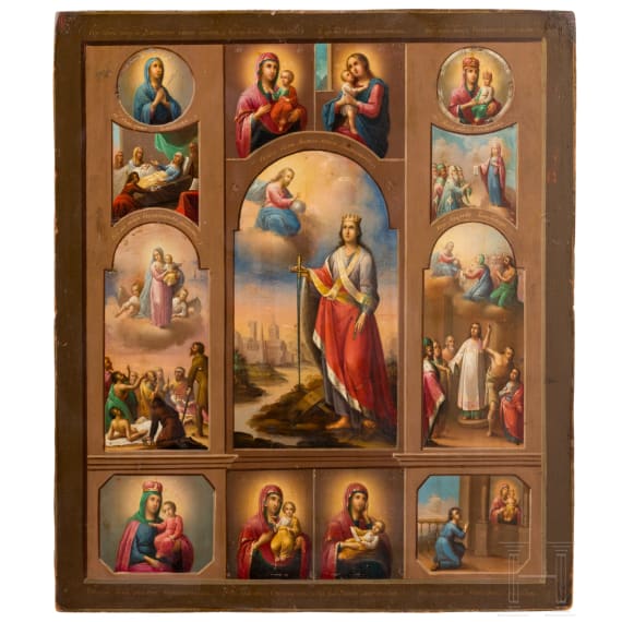 A Russian icon showing Saint Catherine surrounded by twelve images of the Mother of God, 19th century