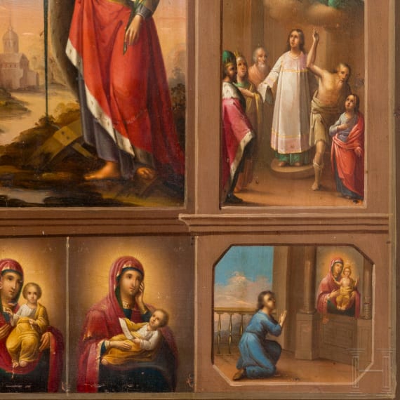 A Russian icon showing Saint Catherine surrounded by twelve images of the Mother of God, 19th century