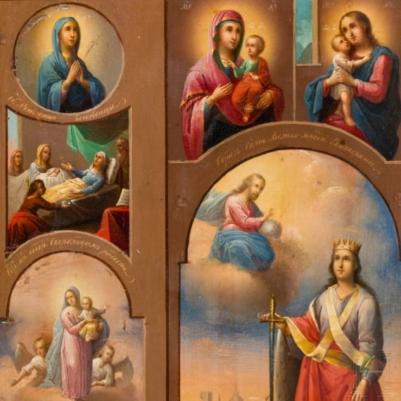 A Russian icon showing Saint Catherine surrounded by twelve images of the Mother of God, 19th century