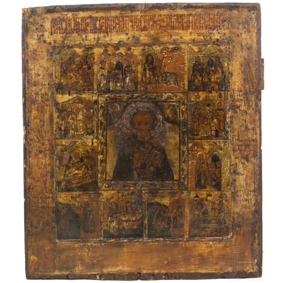 A Russian icon showing Saint Nicholas of Myra and scenes of his life, circa 1800