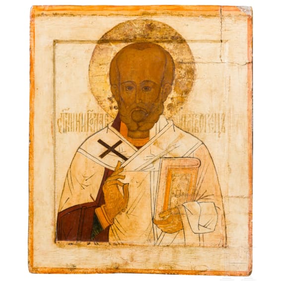 A large Russian icon showing Saint Nicholas of Myra, circa 1600, with overpaintings