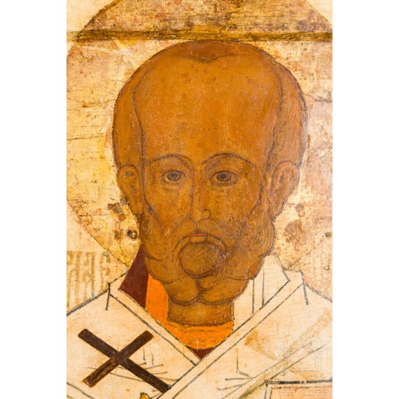 A large Russian icon showing Saint Nicholas of Myra, circa 1600, with overpaintings