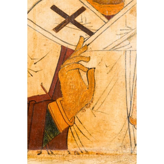 A large Russian icon showing Saint Nicholas of Myra, circa 1600, with overpaintings