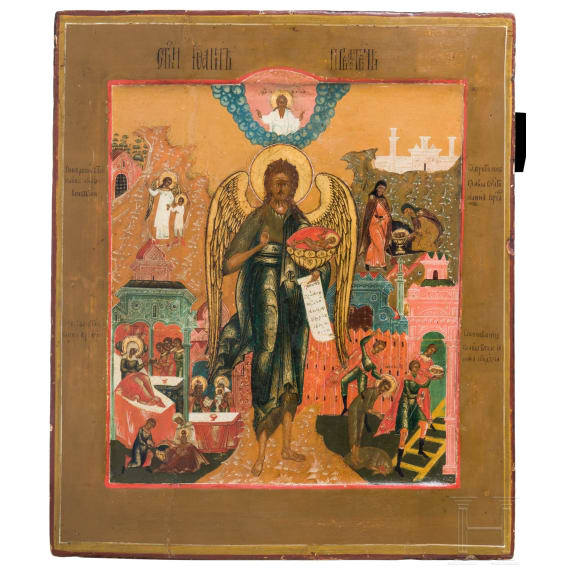 An icon showing Saint John with scenes of his life, Russia, 19th century